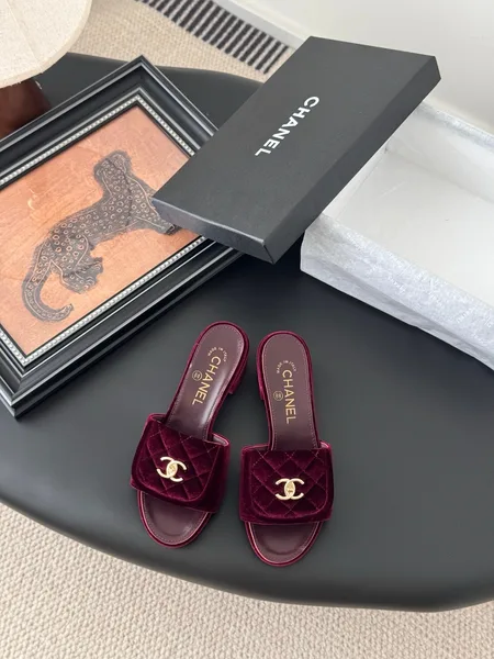 Chanel Women Burgundy Velvet Slides product view 1