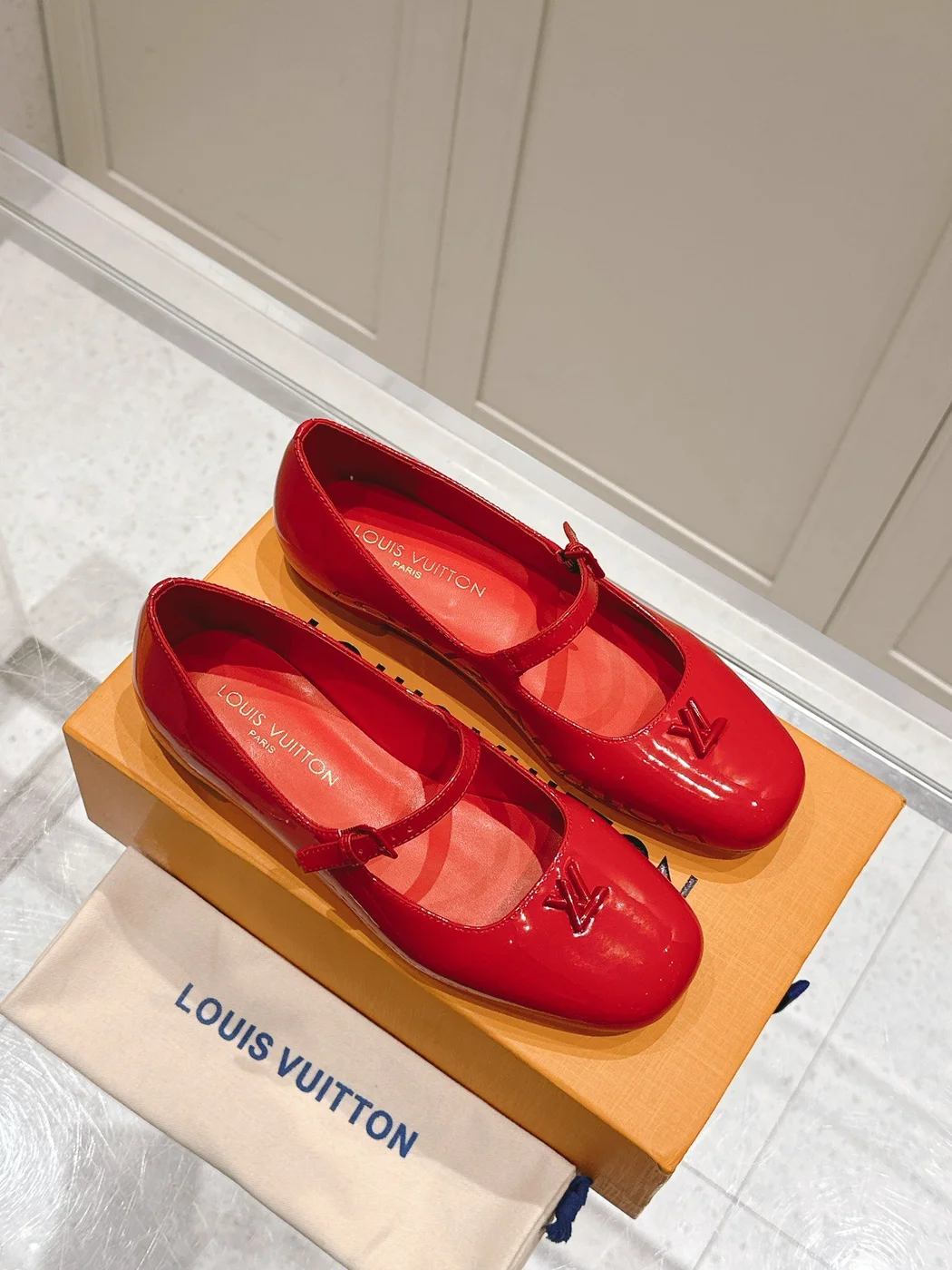 Louis Vuitton Women Red Patent Leather Mary Jane Flats product view 3