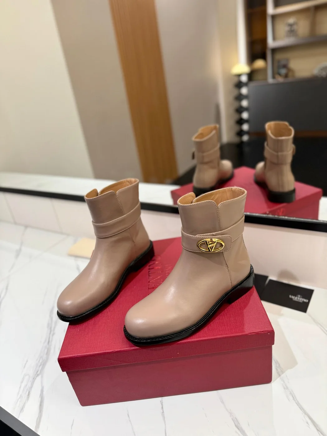 Valentino Women Beige Leather Ankle Boots product view 3