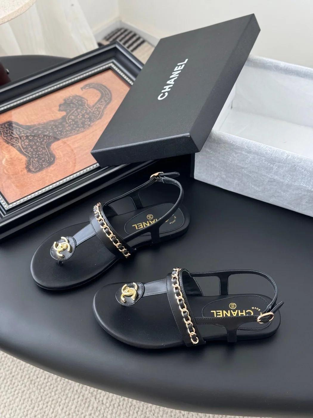 Chanel Women Black Leather Chain Detail Sandals product view 2