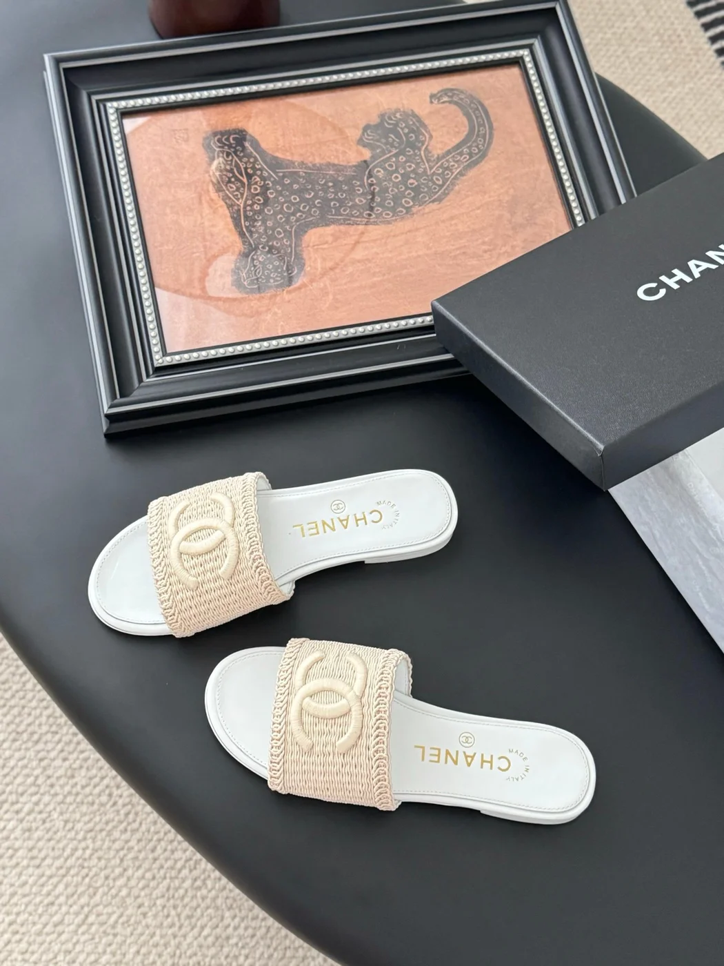 Chanel Women Beige Woven Fabric Slides product view 6
