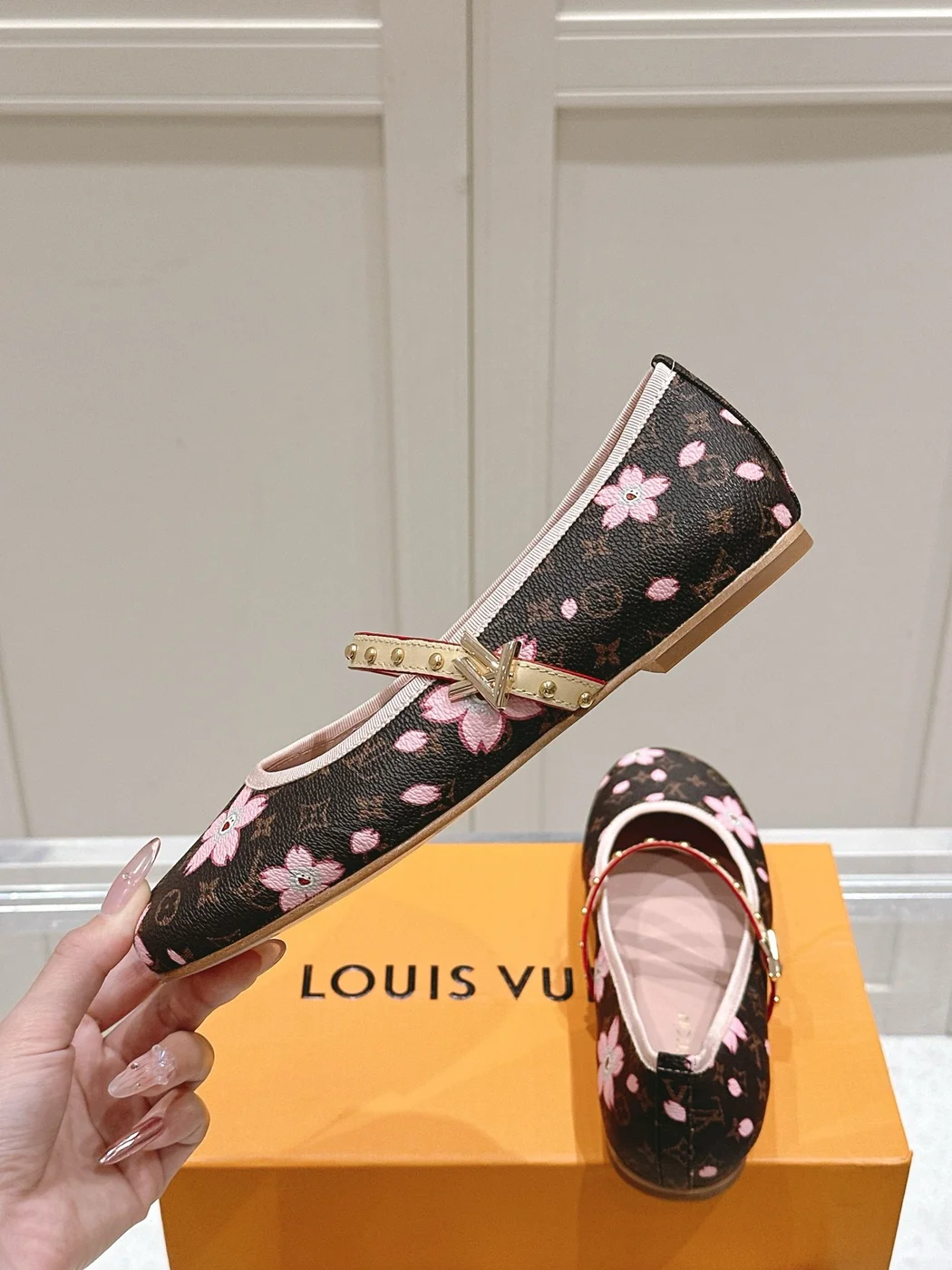 Louis Vuitton Women Brown Canvas Pink Floral Patterned Flats product view 6