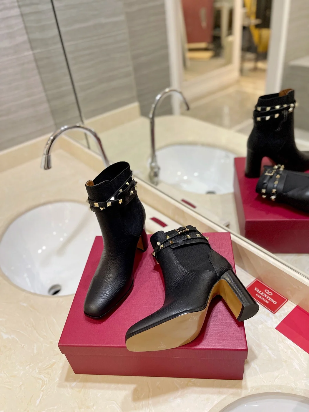 Valentino Women Black Leather Studded Ankle Boots product view 6