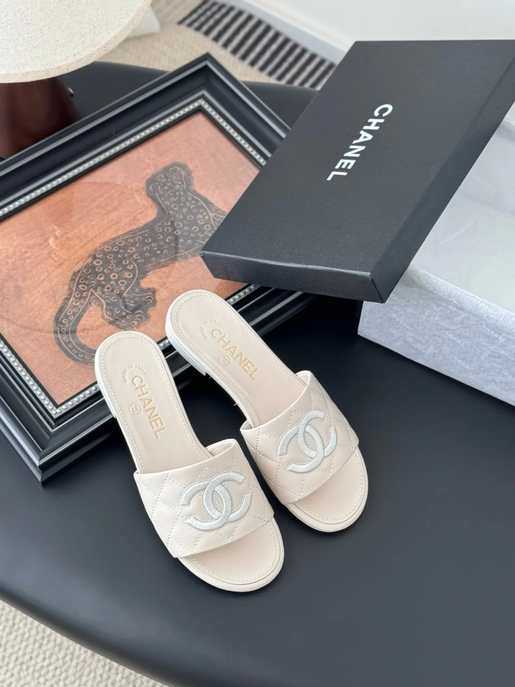 Chanel Women Cream Quilted Leather Slides product view 6