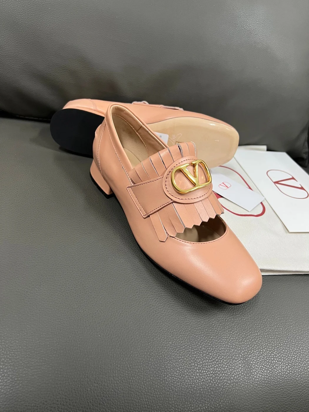 Valentino Women Peach Pink Leather Fringe Loafers product view 1