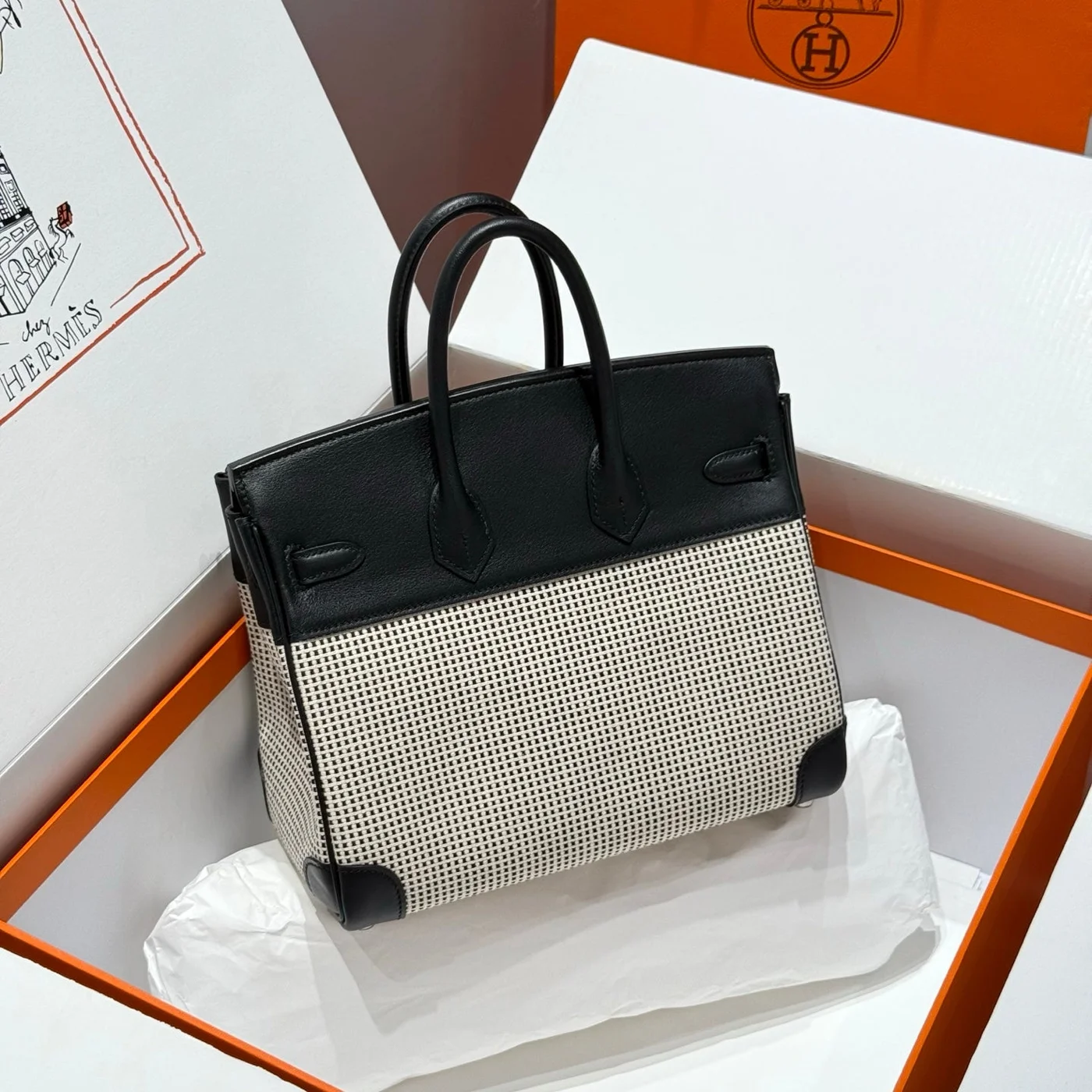 Hermès Birkin 25 cm In Black Swift White Black Plaid Toile Canvas (Custom-Made) Bag product view 2