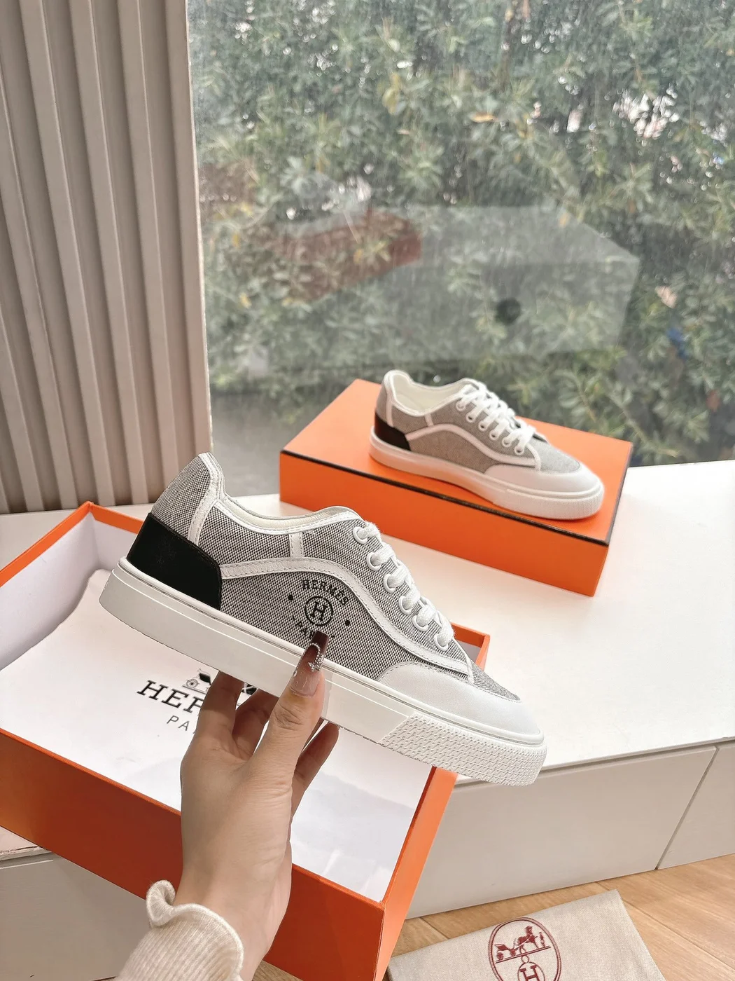 Hermès Women White Gray Mesh Canvas Sneakers product view 4