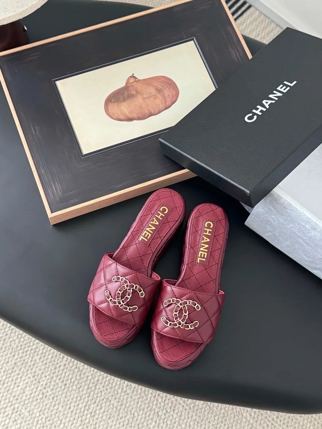 Chanel Women Burgundy Quilted Leather Slides product view 1
