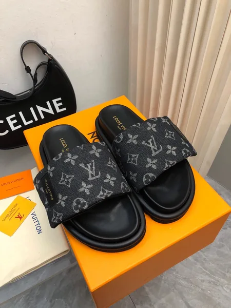 Louis Vuitton Women Black Canvas Monogram Slide Sandals product photo