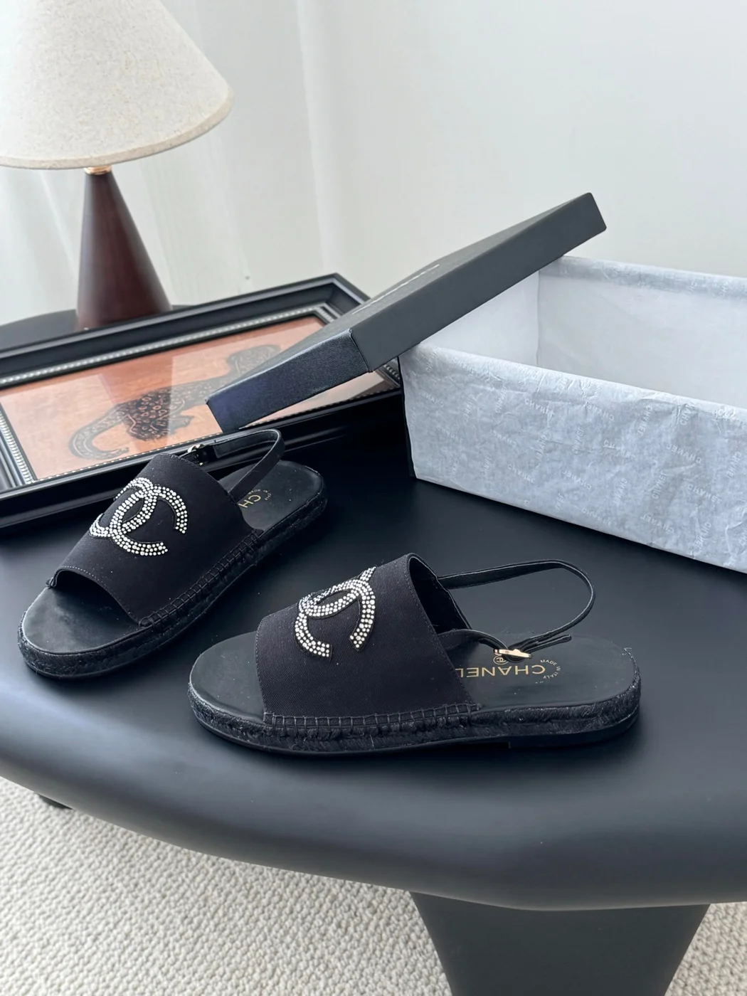Chanel Women Black Fabric Logo Embellished Sandals product view 2