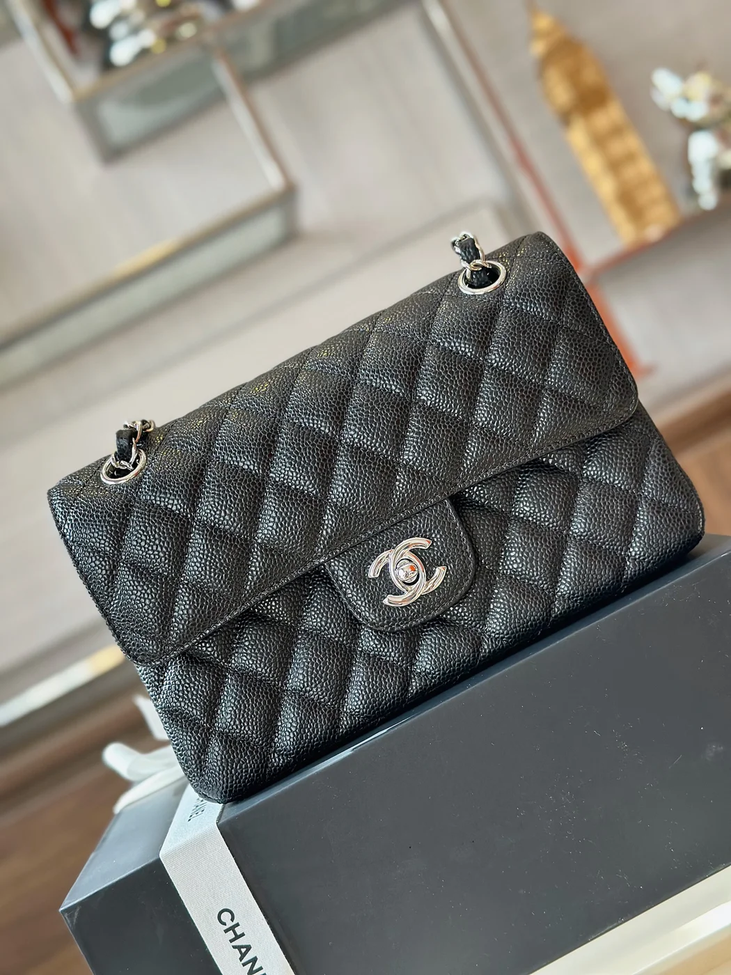 Chanel Classic Handbags Woman’s Black Leather Lock Silver 23 cm product view 2