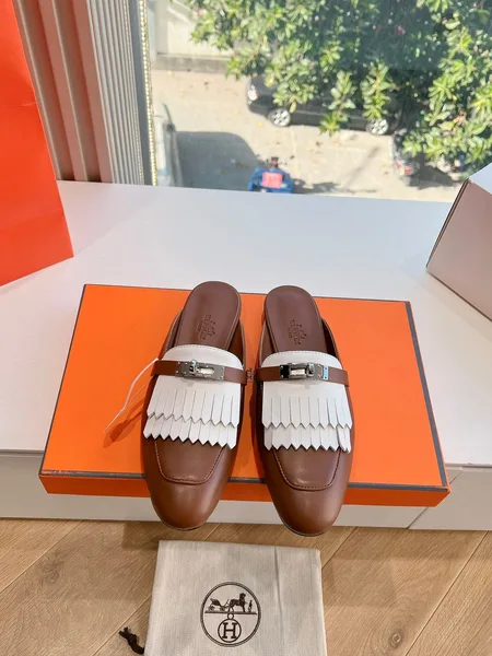 Hermès Women Brown White Leather Fringe Mules product view 1
