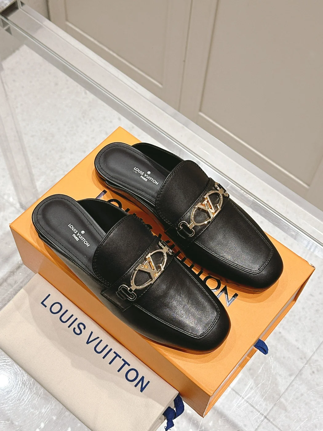 Louis Vuitton Women Black Leather Slip-On Mules product view 3