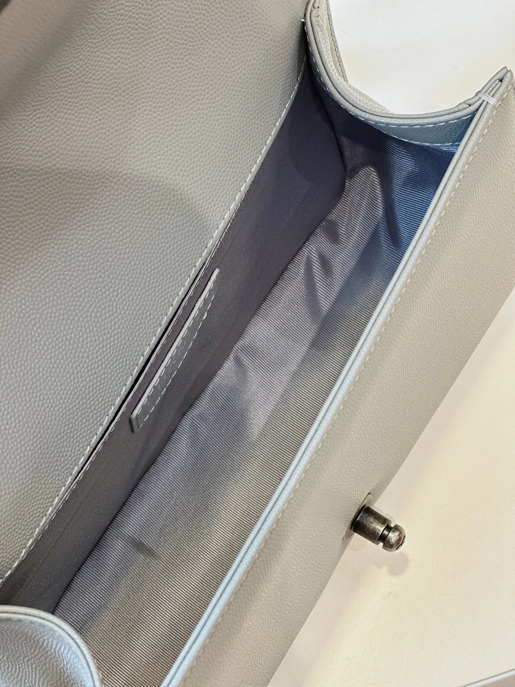 Chanel Boy Medium Handbags Grey Leather With Silver Lock 25 cm product view 6