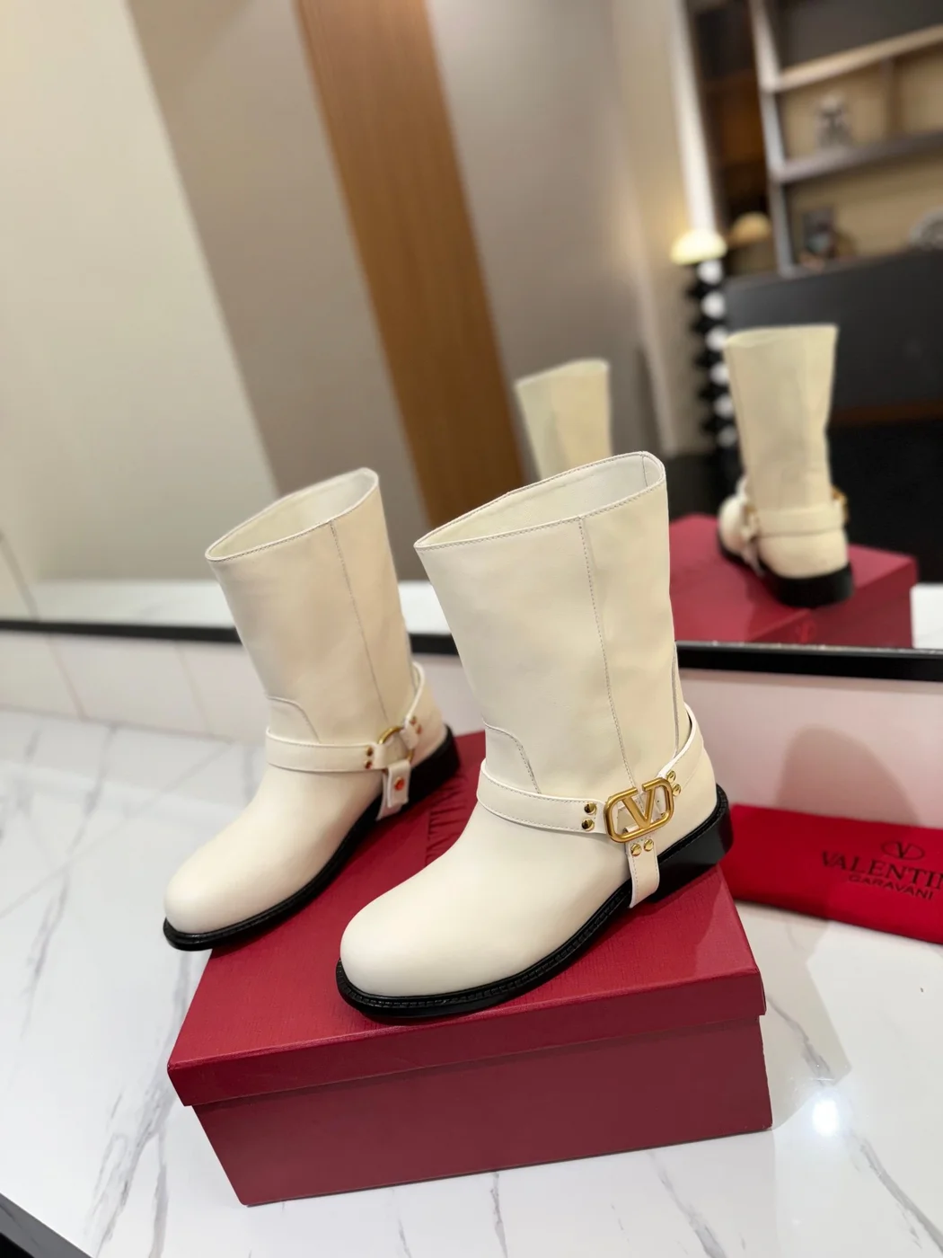 Valentino Women White Leather Mid-Calf Boots product view 3