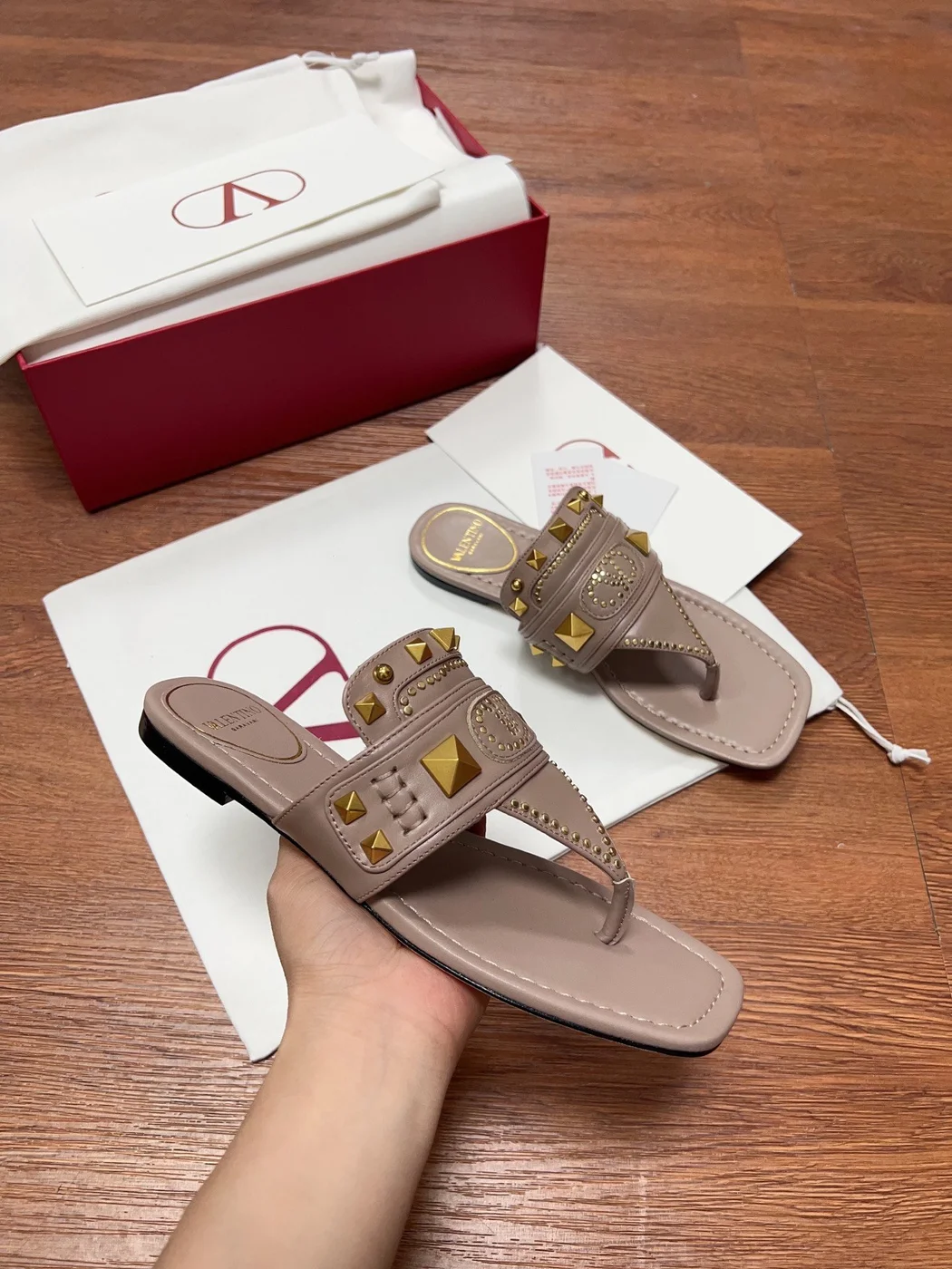 Valentino Women Taupe Leather Studded Sandals product view 5