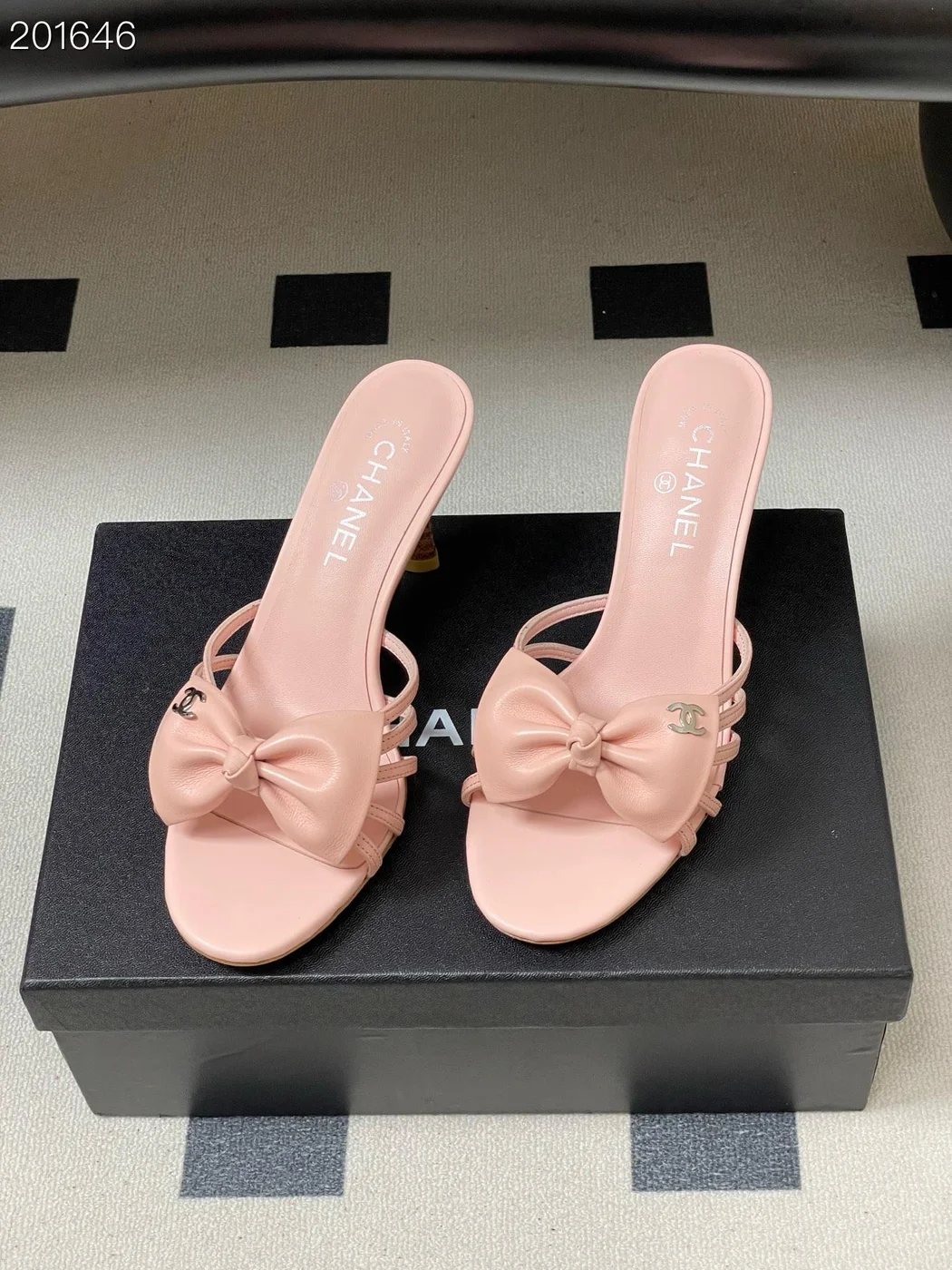 Chanel Pink strappy bow spool heels product view 2