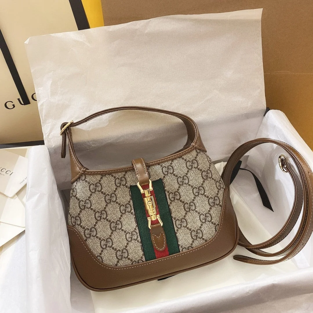 Gucci Jackie 1961 Small 28 Shoulder Bag In Beige Canvas And Brown Calfskin