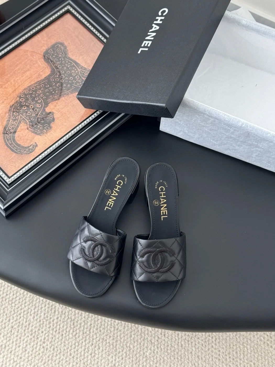 Chanel Women Black Quilted Leather Slides product view 1