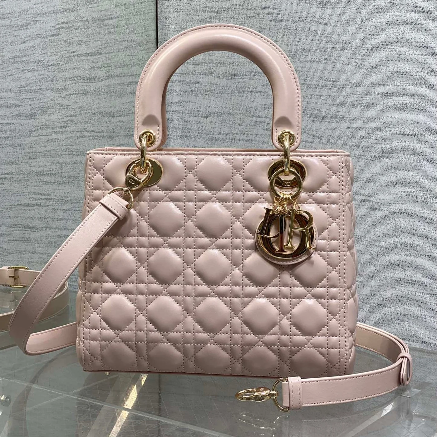 Dior Medium Lady Bag 24 In Pink Calfskin Gold Hardware product view 1