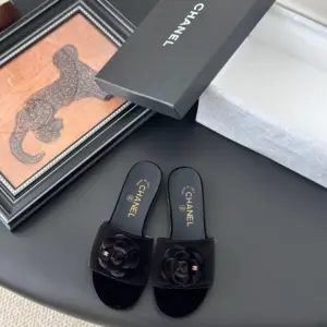 Chanel Women Black Velvet Flower Embellished Slides product view 1