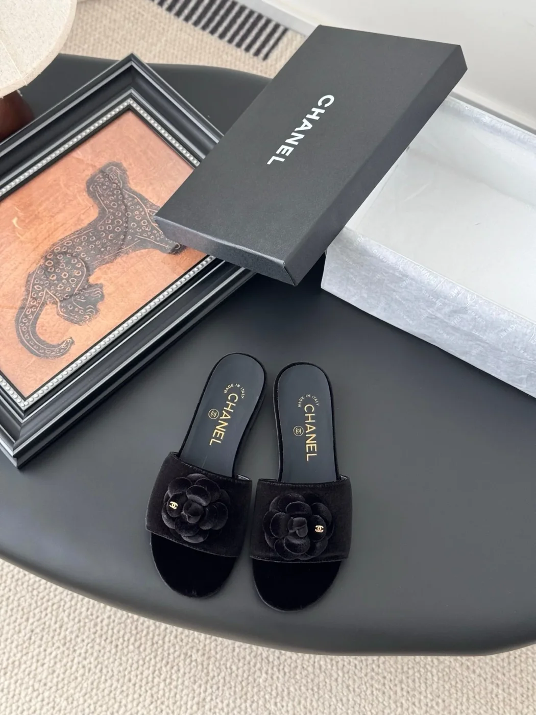 Chanel Women Black Velvet Flower Embellished Slides product view 1