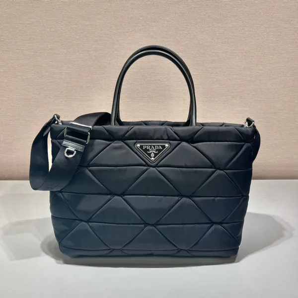 Prada Triangle Pattern Tote Bag 33 In Black Quilted Re-Nylon product view 1