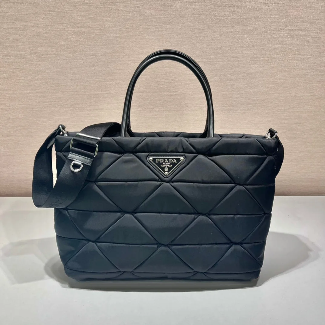 Prada Triangle Pattern Tote Bag 33 In Black Quilted Re-Nylon product view 1