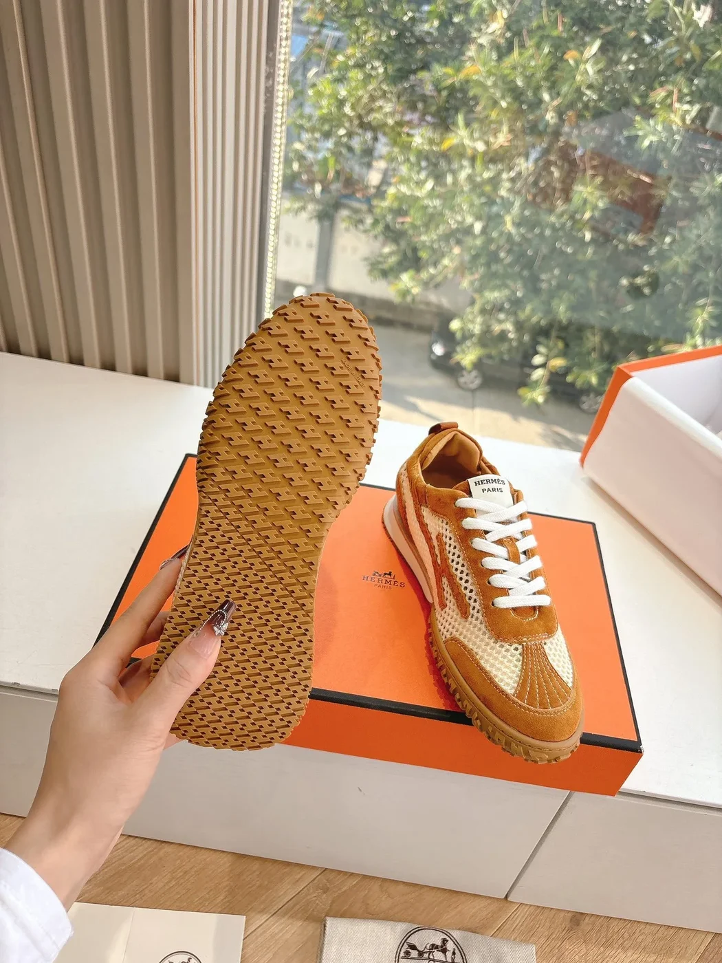 Hermès Women Brown Mesh Suede Sneakers product view 2