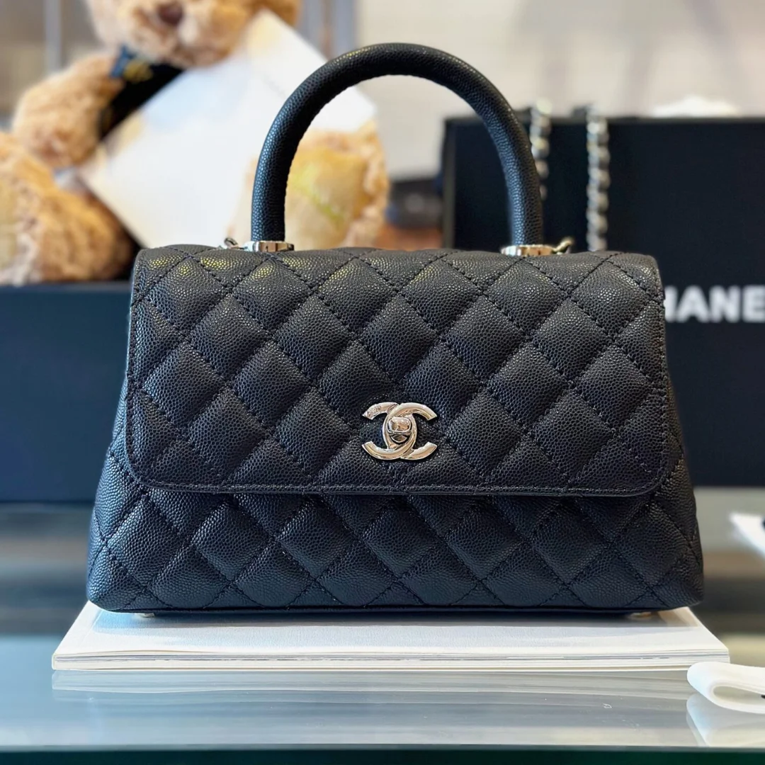 Chanel Coco Handbag Leather Black With Silver Lock 23 cm product view 1