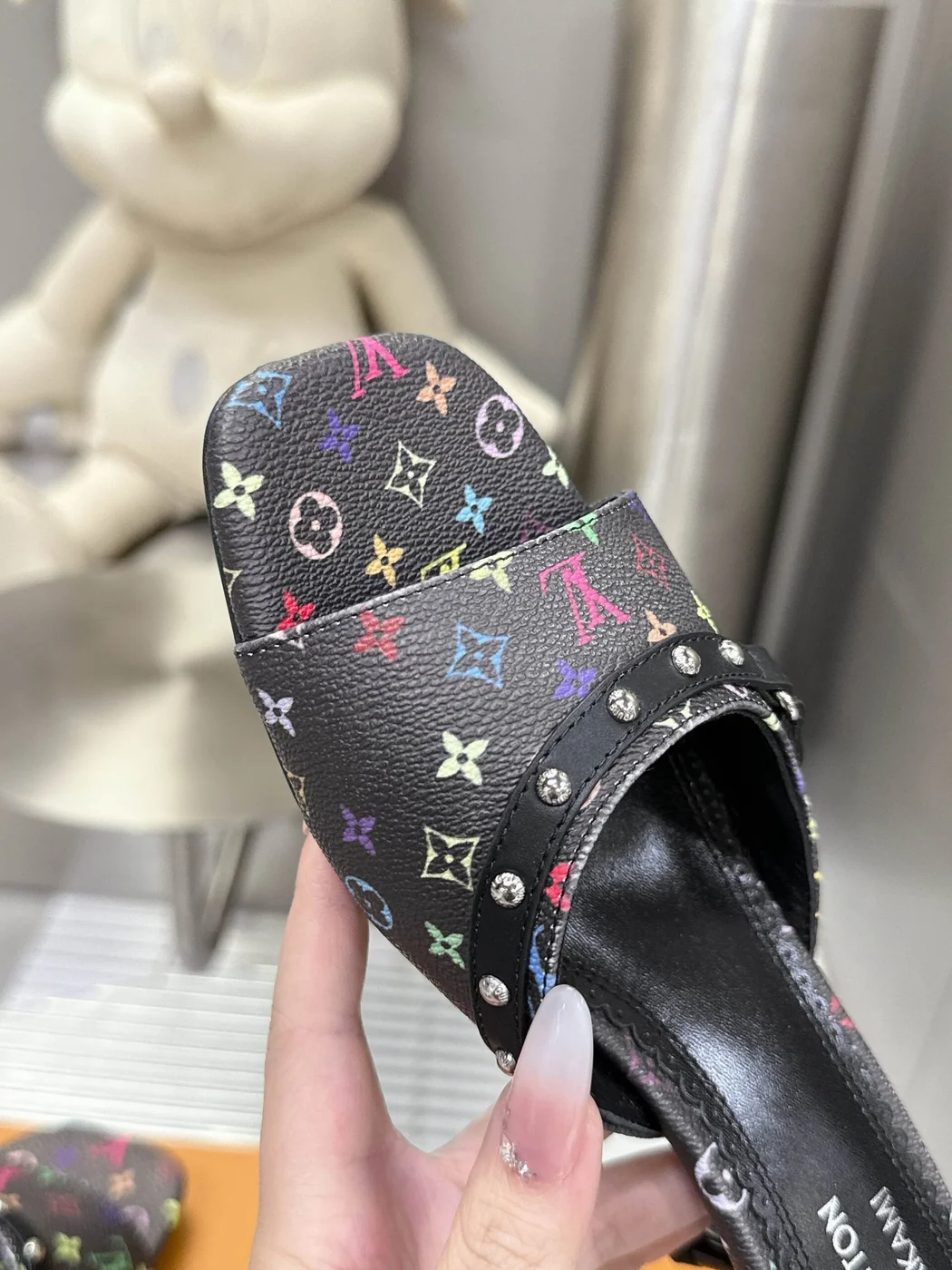 Louis Vuitton Women Black Patterned Leather Mules product view 2
