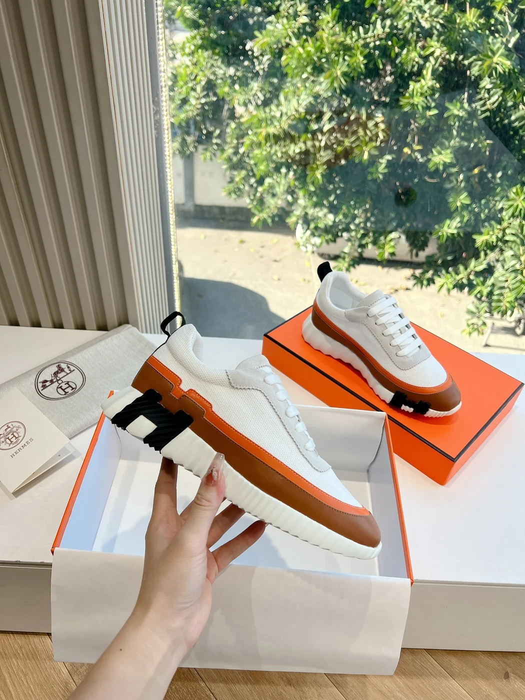 Hermès Women White Brown Leather Mesh Sneakers product view 4