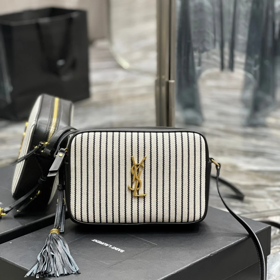 Saint Laurent Lou Medium Saint Laurent Striped Canvas Camera Crossbody Bag In Grey Cream product view 1