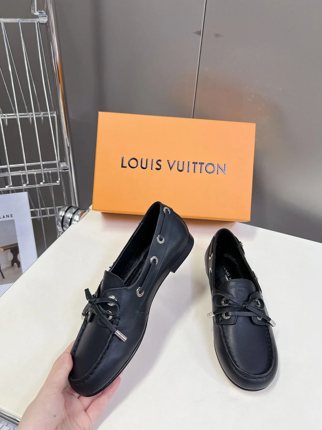 Louis Vuitton Women Black Leather Loafers — Metal-Bar Detail product view 5