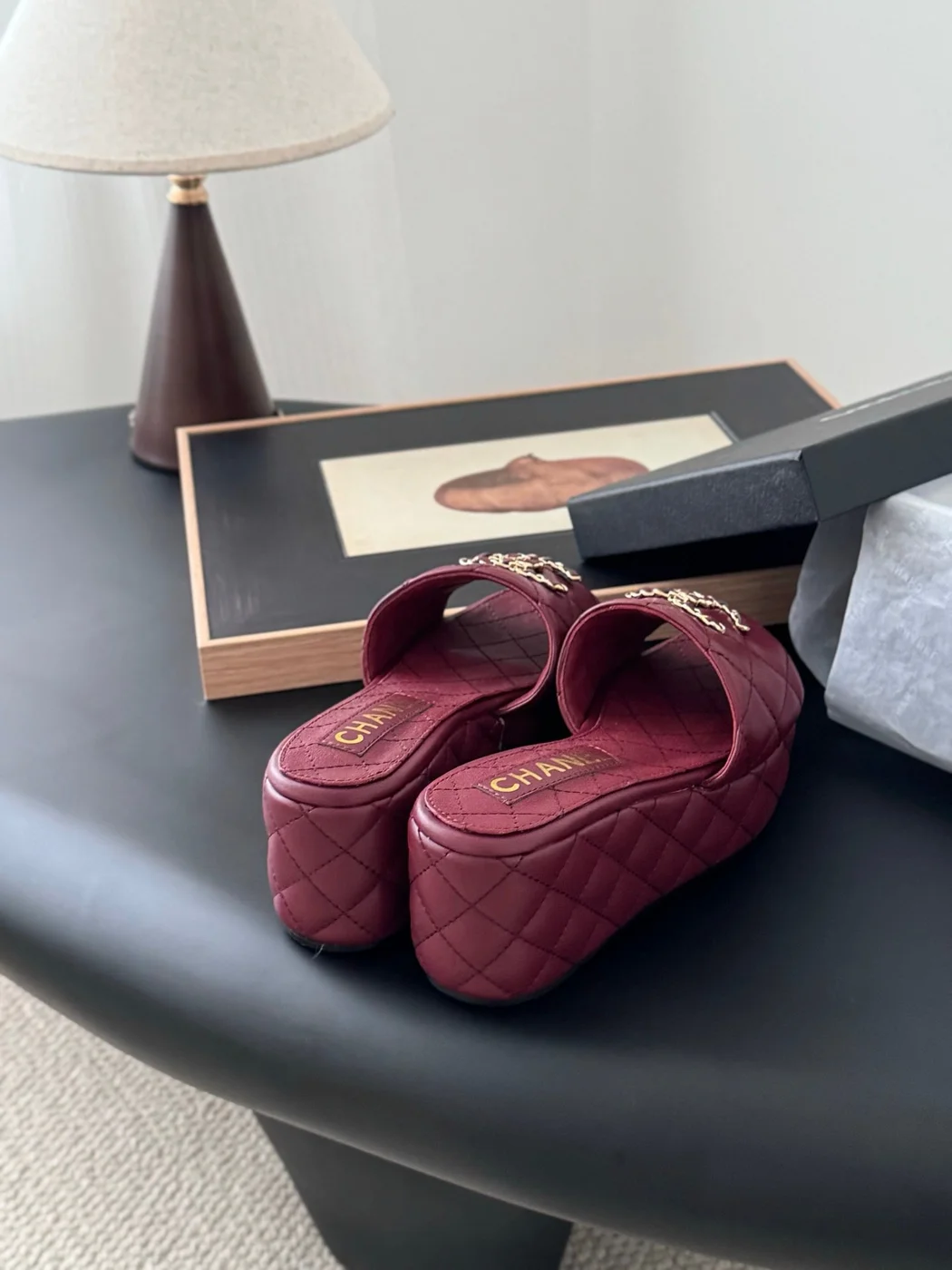 Chanel Women Burgundy Quilted Leather Slides product view 6