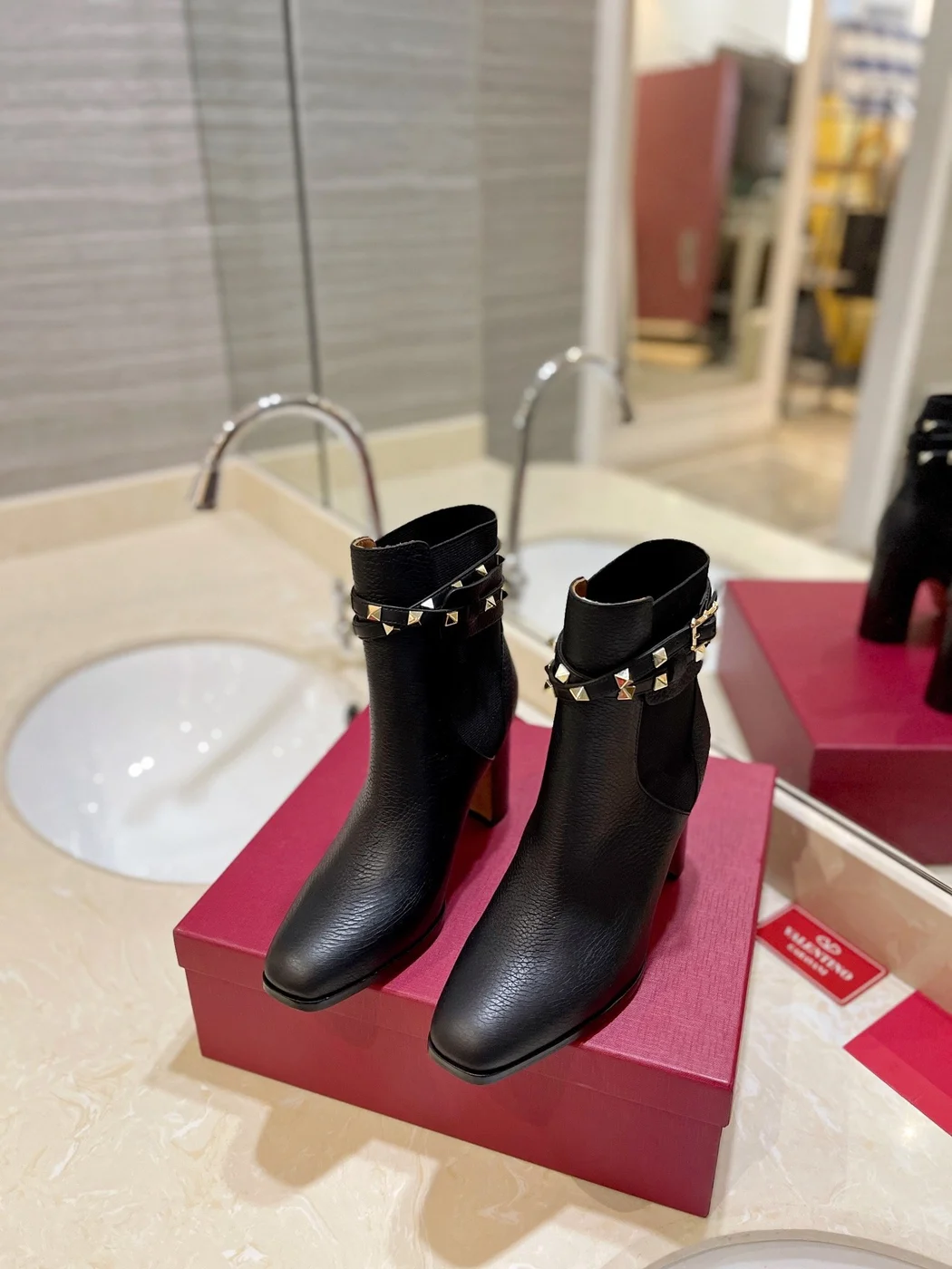 Valentino Women Black Leather Studded Ankle Boots product view 4