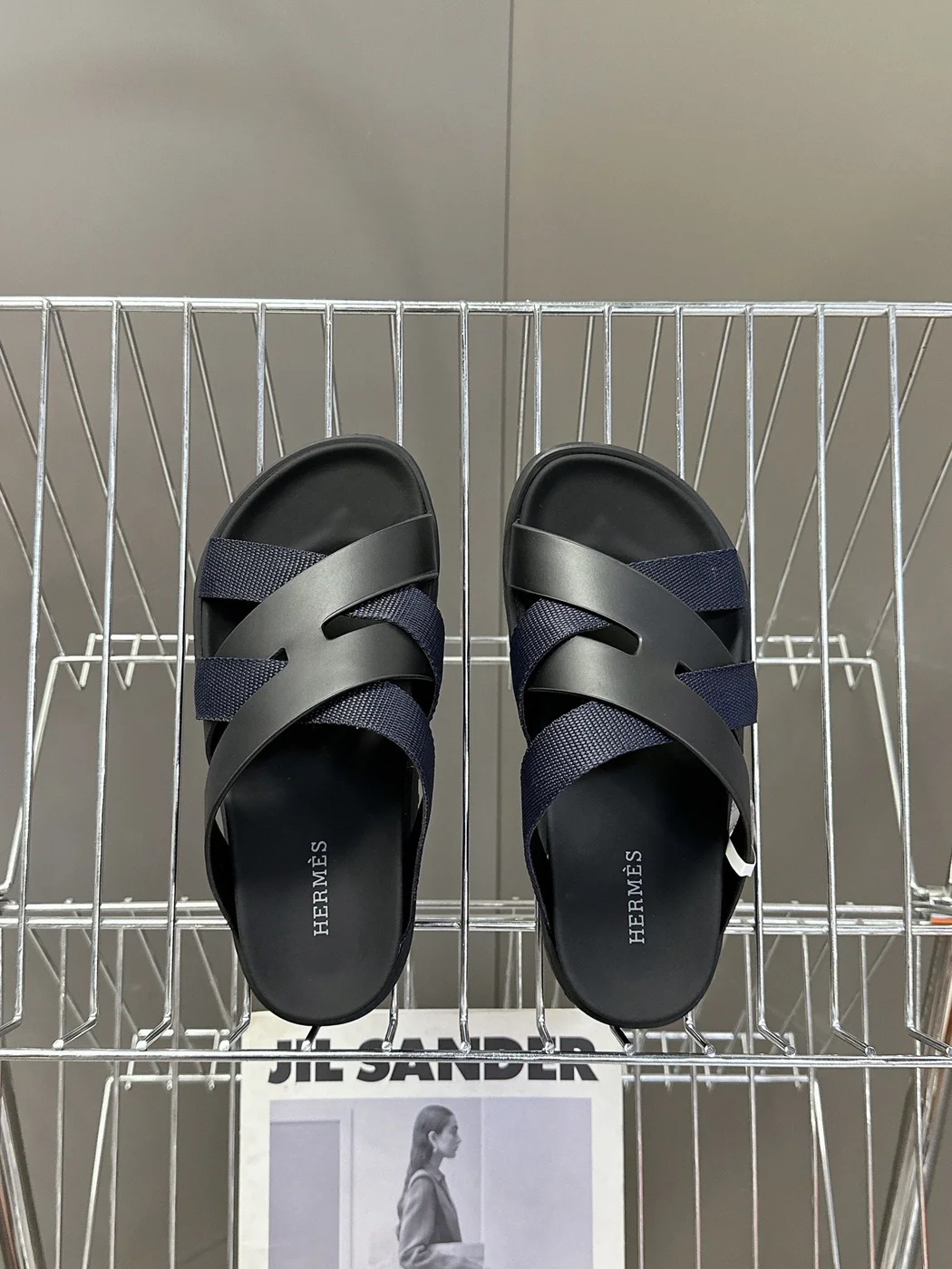 Hermès Women Navy Blue Leather And Fabric Sandals product view 2