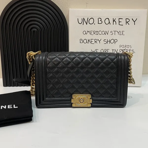 Chanel Boy Handbags Pebbled Leather Black 25.5 cm product view 1