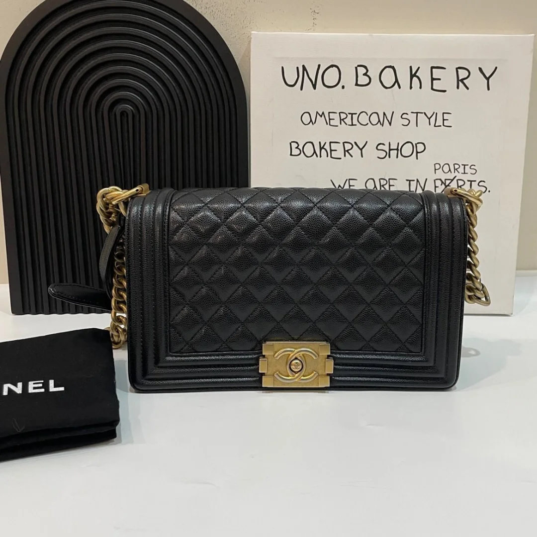 Chanel Boy Handbags Pebbled Leather Black 25.5 cm product view 1