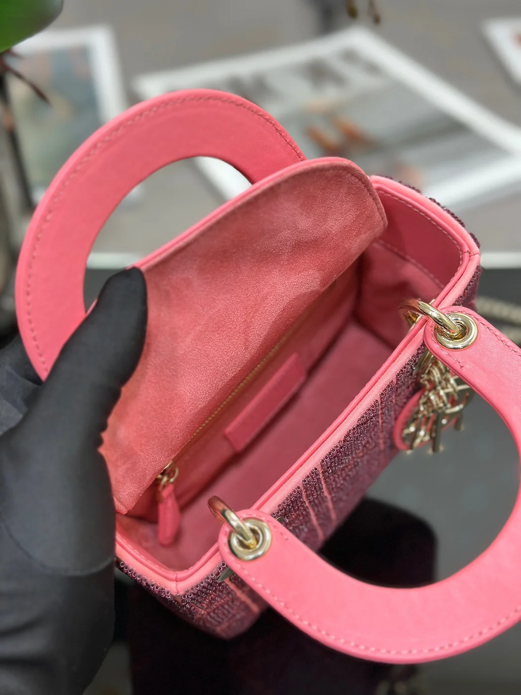 Dior Lady Pink Handbag with Beads 17x15x7cm product view 3