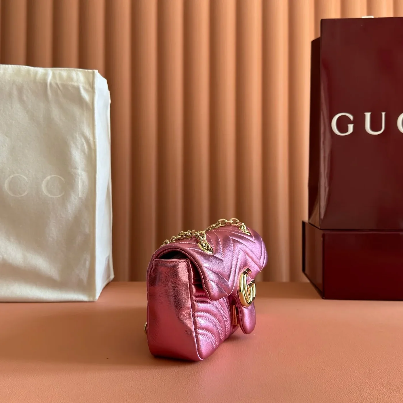 Gucci GG Marmont Bag 22 In Metallic Pink Lambskin product view 4