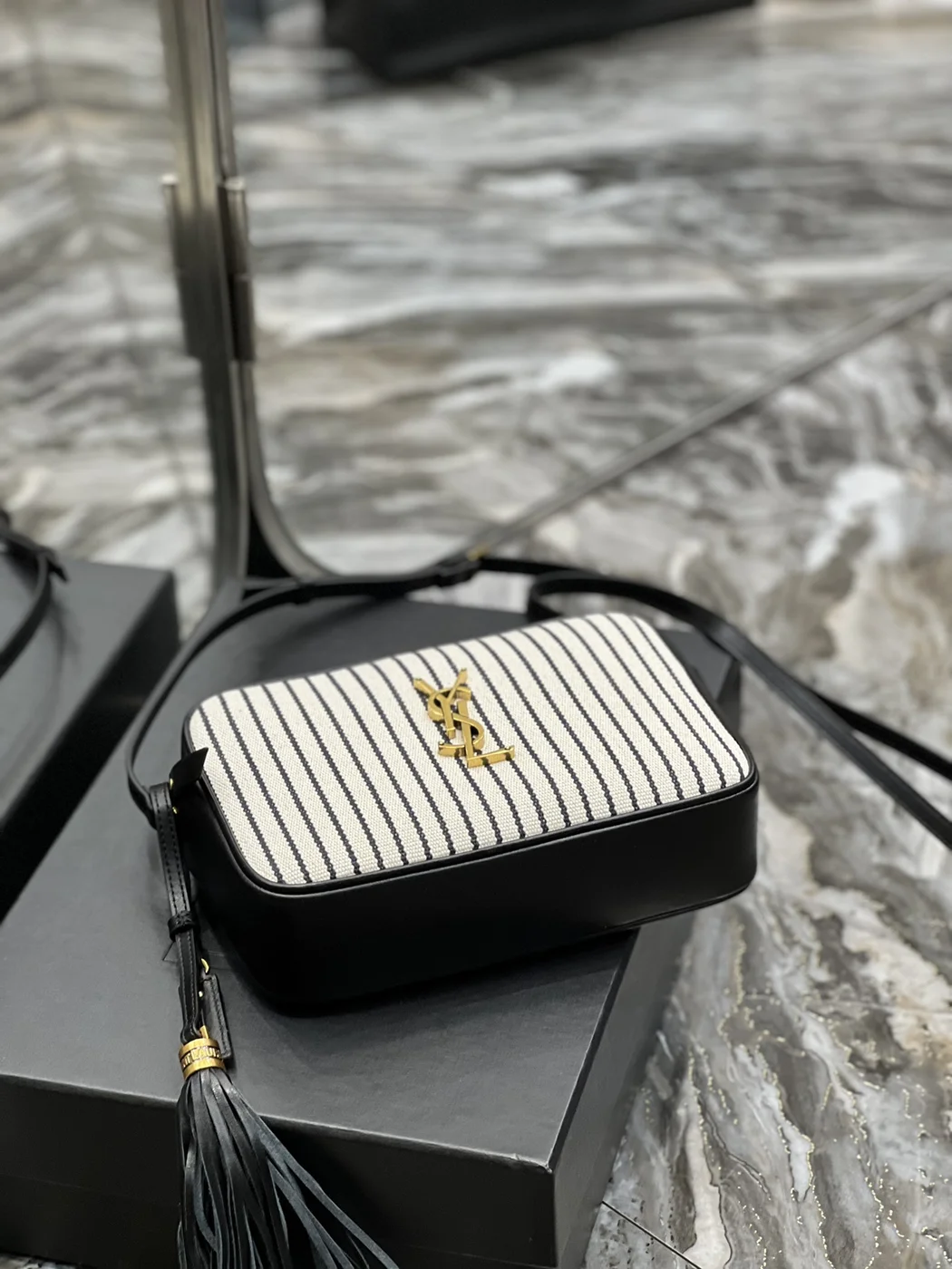 Saint Laurent Lou Medium Saint Laurent Striped Canvas Camera Crossbody Bag In Grey Cream product view 2