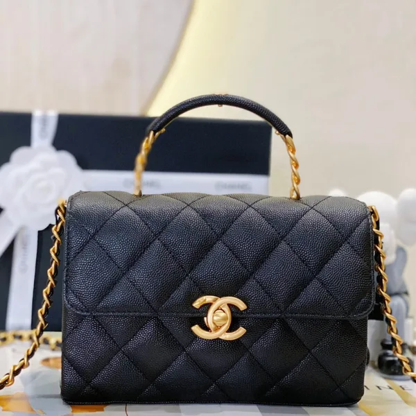 Chanel Handle Woman’s Black Leather Handbags Pebbled Leather 19 cm product photo
