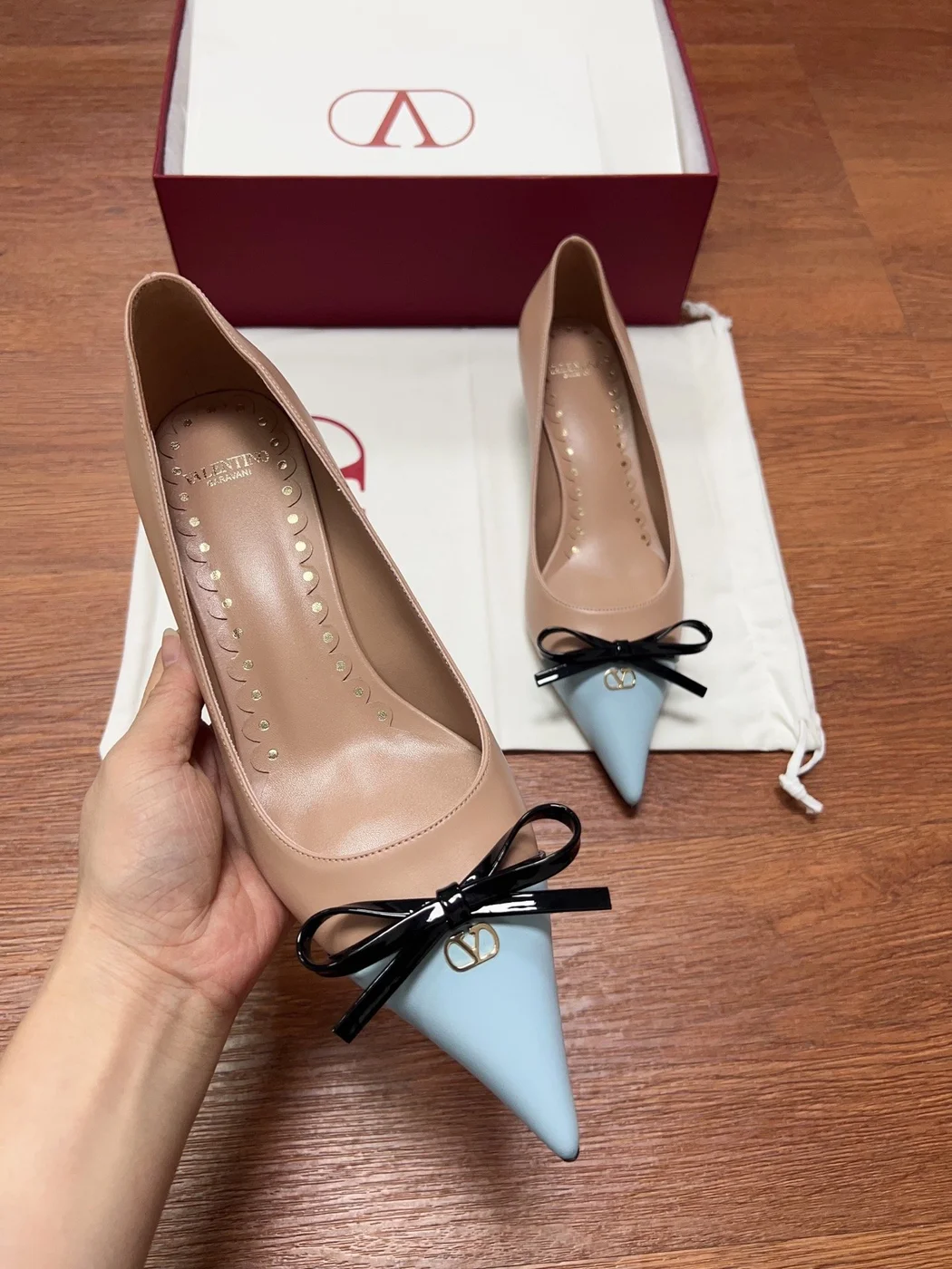 Valentino Women Beige And Light Blue Leather Pumps product view 2