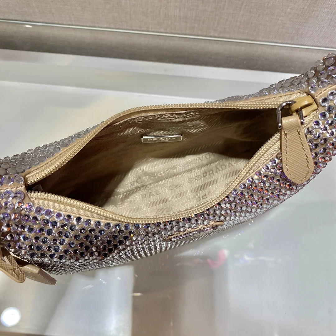 Prada Sparkling Hobo Bag 23 In Beige Nylon Attached Fully Crystals product view 2