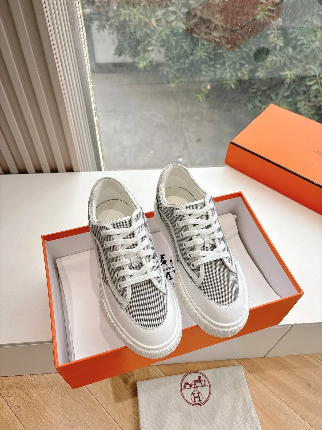 Hermès Women White Gray Mesh Canvas Sneakers product view 1