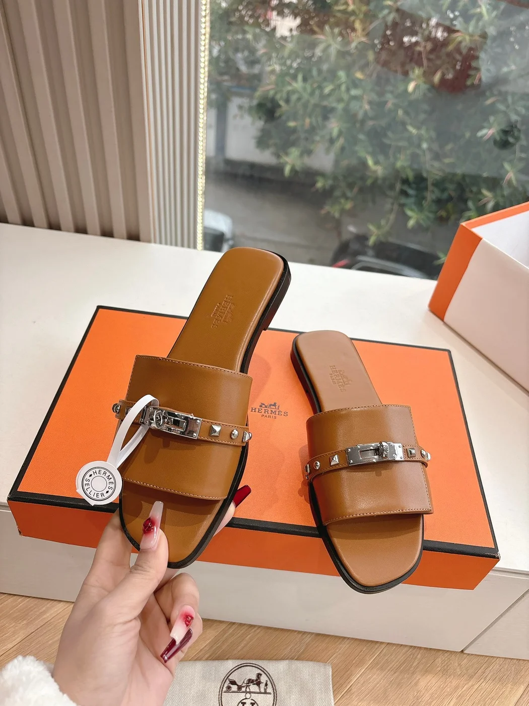 Hermès Women Brown Leather Slide Sandals product view 6