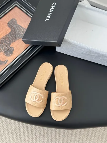 Chanel Women Beige Quilted Leather Slides product view 1