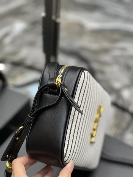Saint Laurent Lou Medium Saint Laurent Striped Canvas Camera Crossbody Bag In Grey Cream product view 5