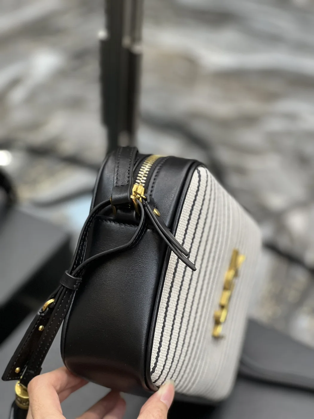 Saint Laurent Lou Medium Saint Laurent Striped Canvas Camera Crossbody Bag In Grey Cream product view 5